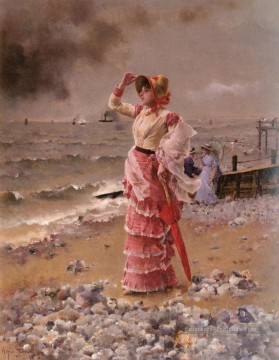 Femme Elegante Voyant Filer Un Vapeur dame Peintre belge Alfred Stevens Peinture à l'huile